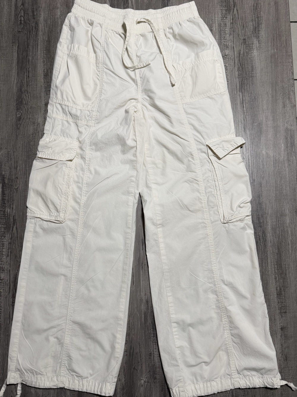 Aerie Women's Off White Cotton Utility Cargo Pants Small Drawstring Wide Leg